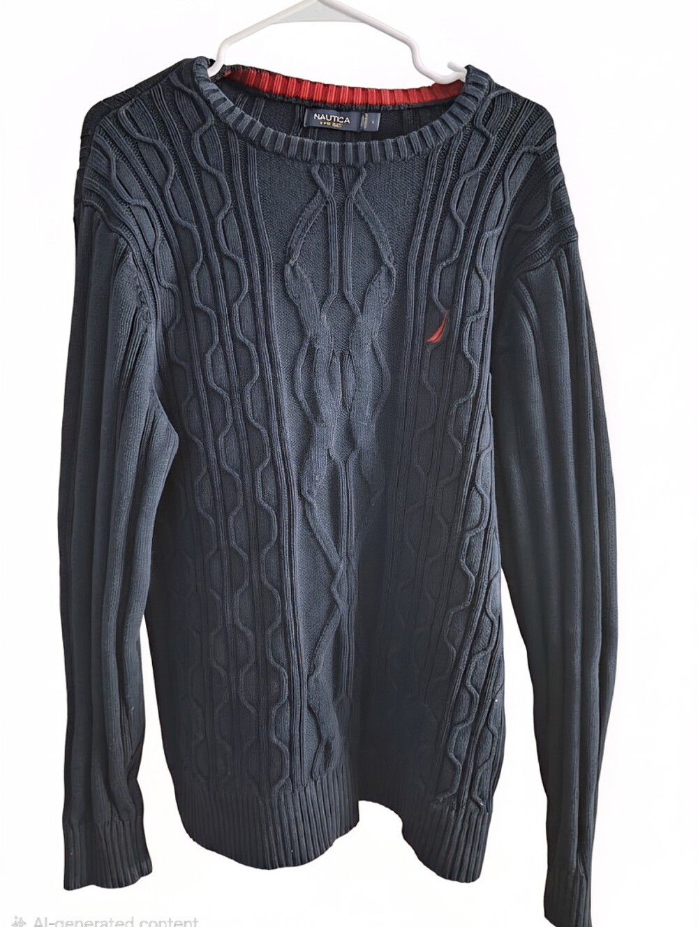 Nautica Men's Dark Navy Cable Knit Crewneck Sweater with Red Logo Trim